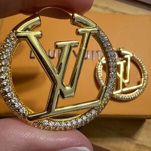 Louis Vuitton Gold-Tone LV Hoop Earrings with Crystal Accents